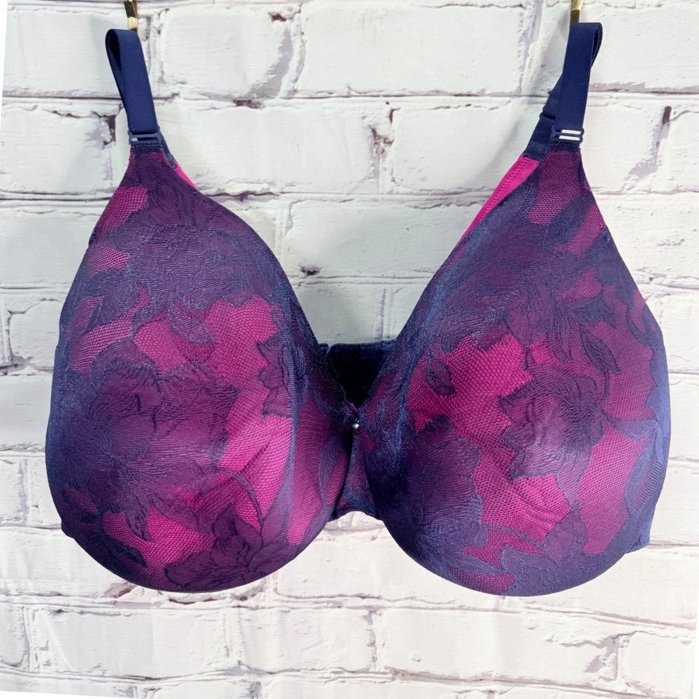 Cacique Underwire Bra Womens 42H Pink Navy Lined Floral Lace Full Coverage